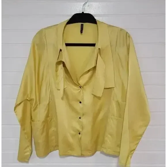 Babette Vintage Yellow Longsleeve Blouse Top with Tie Front Collar, Sz M - Picture 2 of 14